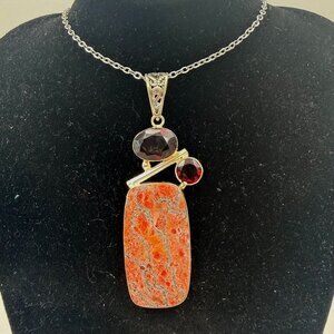 Sterling Silver 925 Red Jasper & Garnet Statement Pendant Necklace